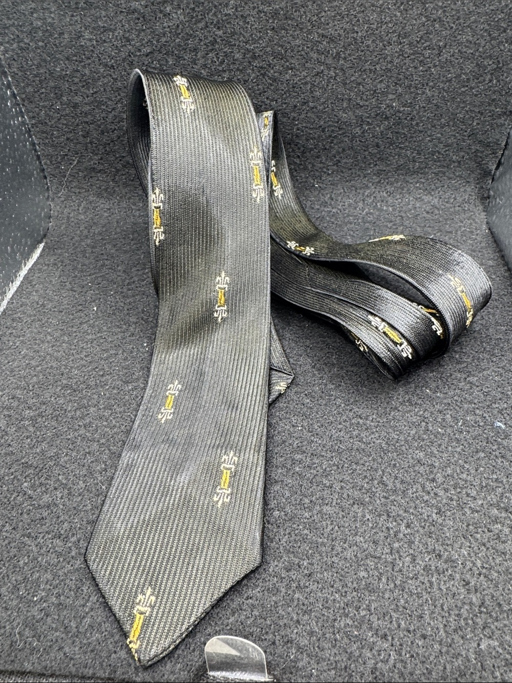 Vintage 70's Men's Black Patterned Tie with Subtle Gold Accents